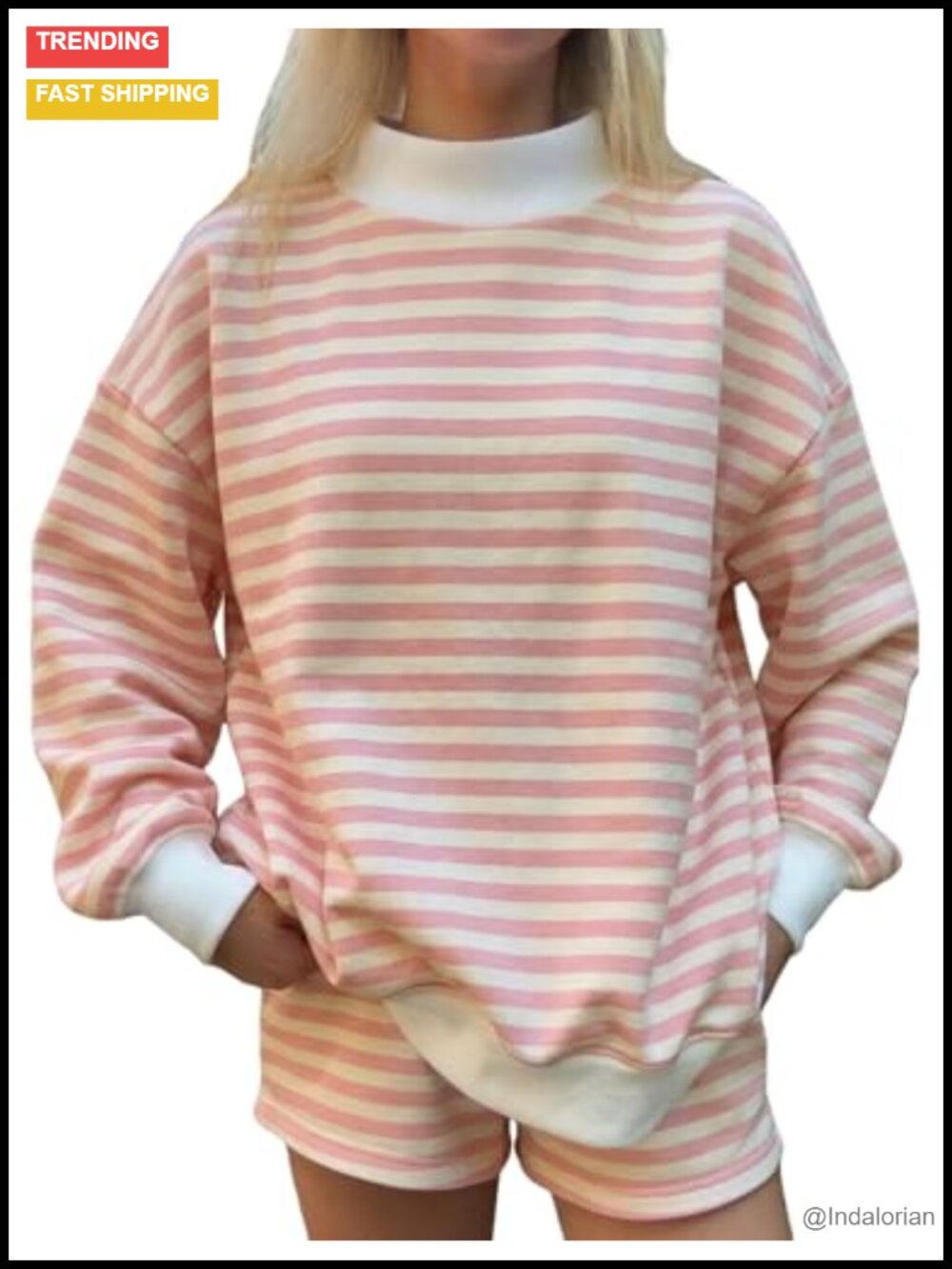 Women's Striped Mock Neck Sweatshirt and Shorts Lounge Set Cotton Blend